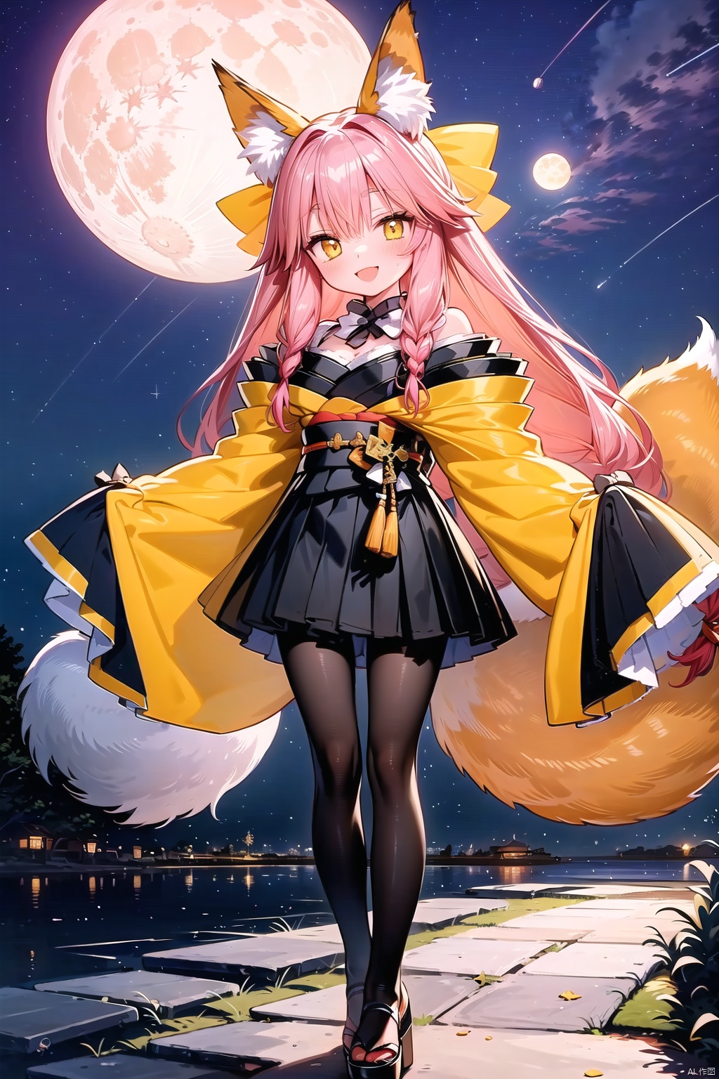 ((best quality)), ((masterpiece)), ((ultra-detailed)), (illustration), (detailed light), (an extremely delicate and beautiful), ((trim)), 1girl, tamamo \(fate\), tamamo no mae \(fate/extra\), solo, animal ears, aged down, moon, tail, pantyhose, pink hair, fox tail, fox ears, yellow eyes, long hair, official alternate costume, japanese clothes, full moon, night, sky, smile, star \(sky\), looking at viewer, sash, wide sleeves, black pantyhose, bow, night sky, starry sky, blush, kimono, hair bow, long sleeves, full body, sleeves past wrists, skirt, 
