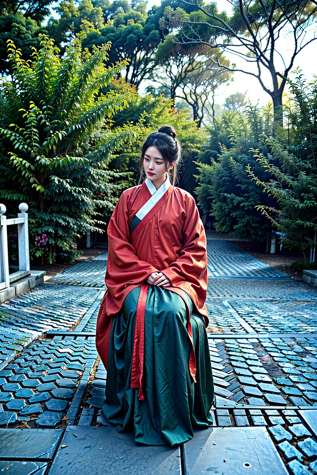 (1girl:1.3), (best quality, masterpiece, ultra high resolution),(photorealistic:1.3), (realistic:1.3), depth of field,(full body:1.2), (outdoors:1.2), (day:1.2), (cinematic lighting:1.2), (near to face:1.5), facing to camera, upper body, sitting, hanfu