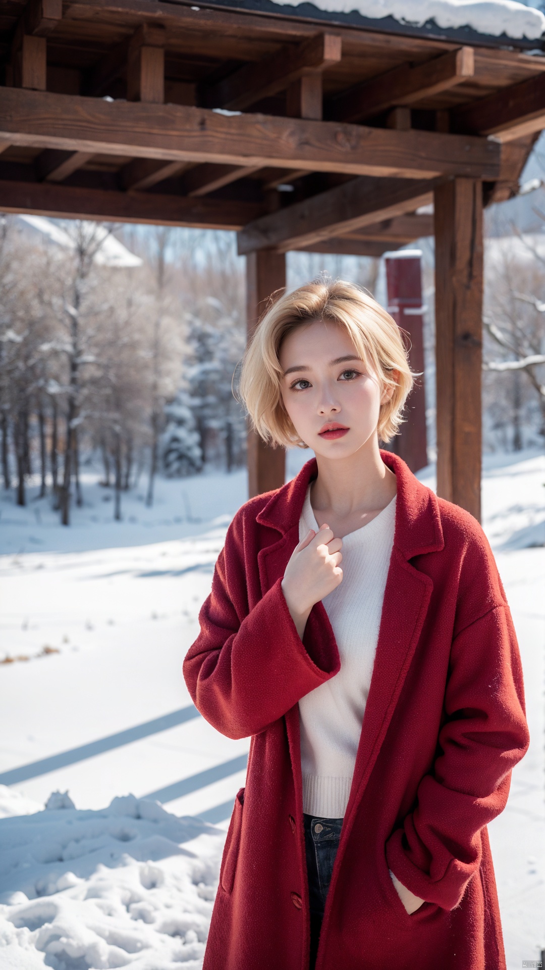 Outdoor scenery, snow view, Snow Mountain, girl, red wool coat, pretty face, short hair, blonde hair, (photo reality: 1.3) , Edge lighting, (high detail skin: 1.2) , 8K Ultra HD, high quality, high resolution, the best ratio of four fingers and a thumb, (photo reality: 1.3) , wearing a red coat, white shirt inside, advanced feeling, texture full,