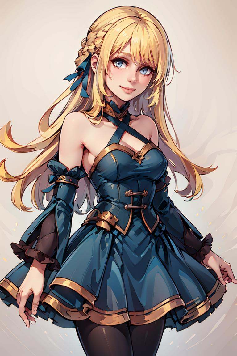 ((masterpiece,best quality)), absurdres,<lora:Marina_Lucce_Maxetto_OC:0.8>, Marina_Lucce_Maxetto_OC, 1girl, solo, blonde, very long hair, french braid,  hair ribbon, frilled choker, criss-cross halter, sleeveless dress, high-waist skirt, backless dress, waist bow, detached sleeves, frilled sleeves, wide sleeves, pantyhose, solo, smiling, looking at viewer, cowboy shot,side view, head tilt, 