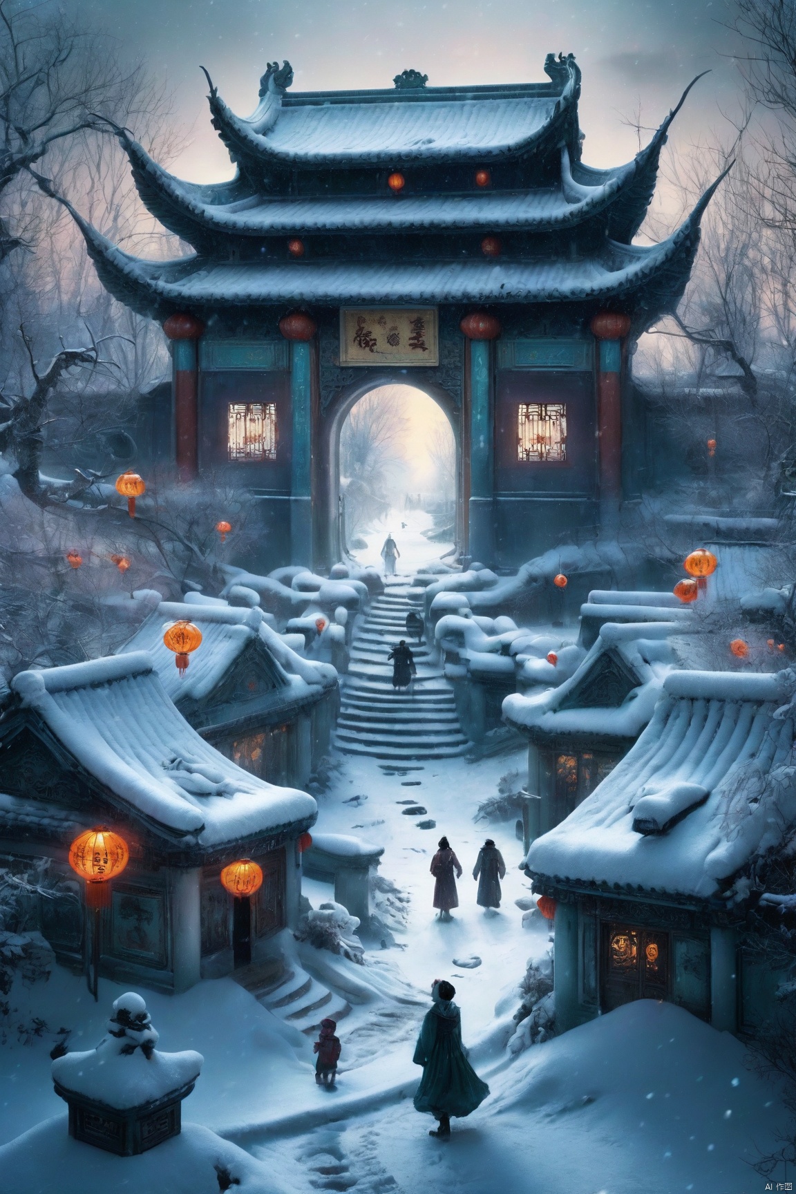  poakl Chinese newyear style,masterpiece art, winter landscape, fairytale fantasy art in style of Alois Arnegger, detailed, Mystical Trees filled with large eyeballs in the middle of an abandoned at the entrance of a maze, sci-fi surveillance in a modern and futuristic sci-fi world, apocalyptic landscape, fantasy, dark, gothic, horror, radial
