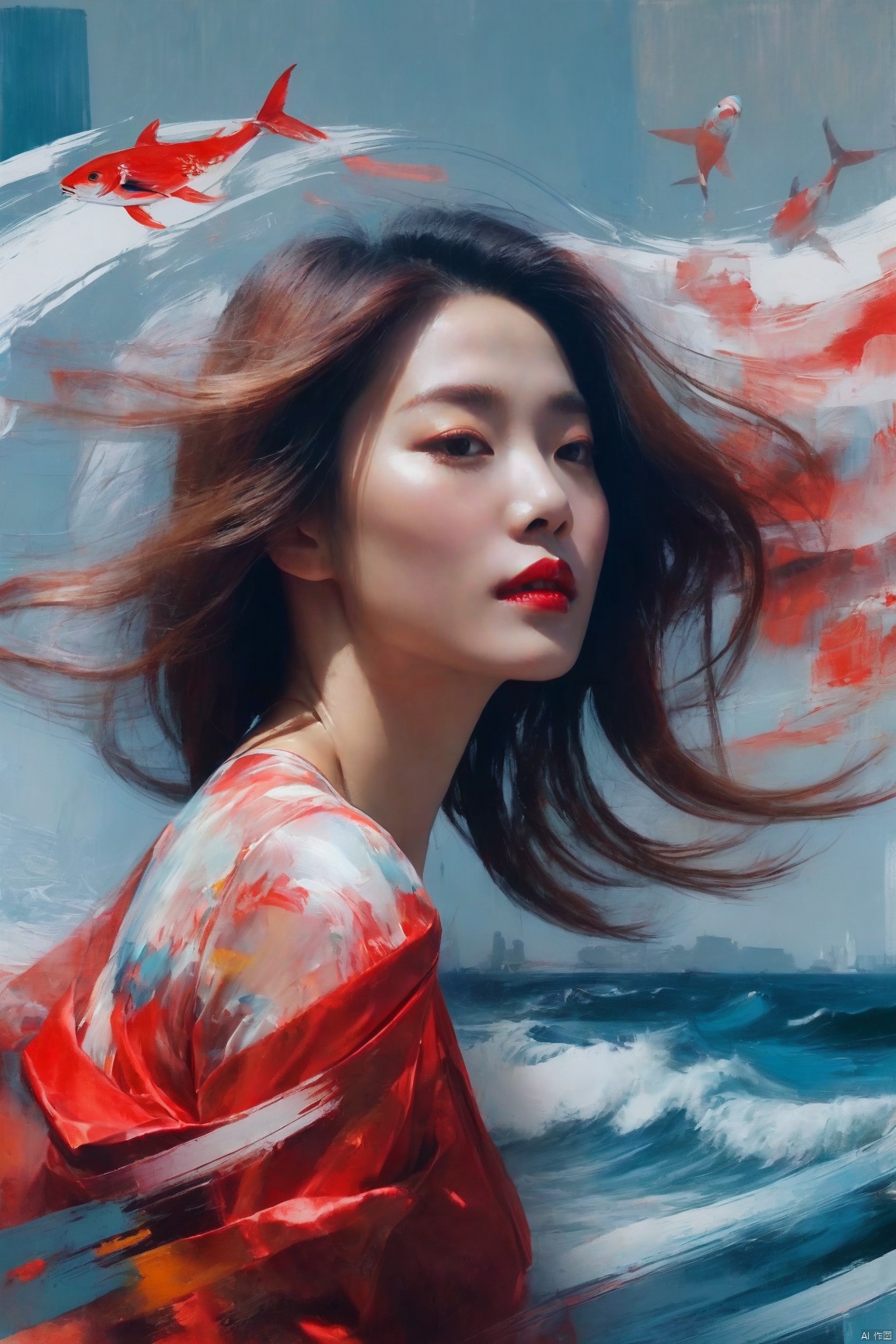 poakl Chinese newyear style,MoDernart, Double Exposure: a abstract heavy pallet knife thick paint scene of where see: an elegantly dressed ((upper body shot of a transparent woman in red with loose hair)), we see the double exposure break down on the lady her body and the sea and sky backdrop
