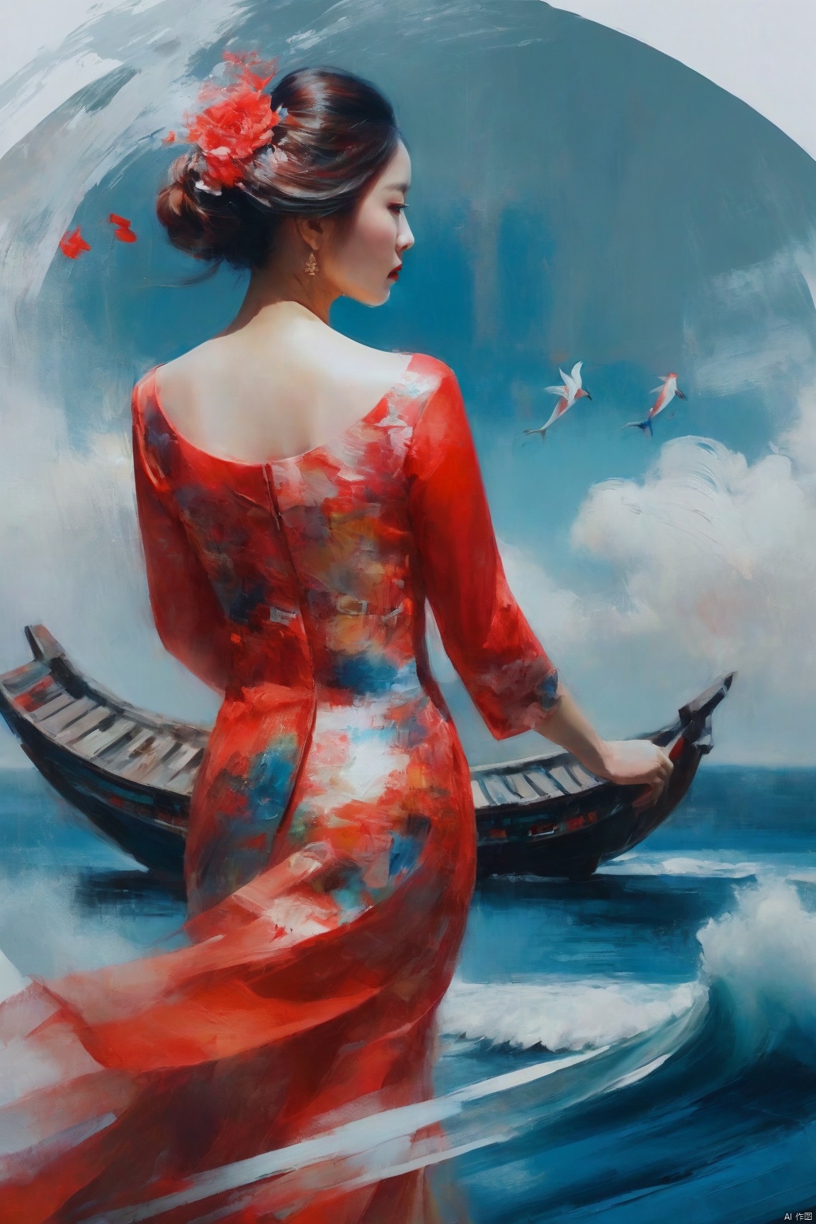  poakl Chinese newyear style,MoDernart, Double Exposure: a abstract heavy pallet knife thick paint scene of where see: an elegantly dressed ((upper body shot of a transparent woman in red with loose hair)), we see the double exposure break down on the lady her body and the sea and sky backdrop
