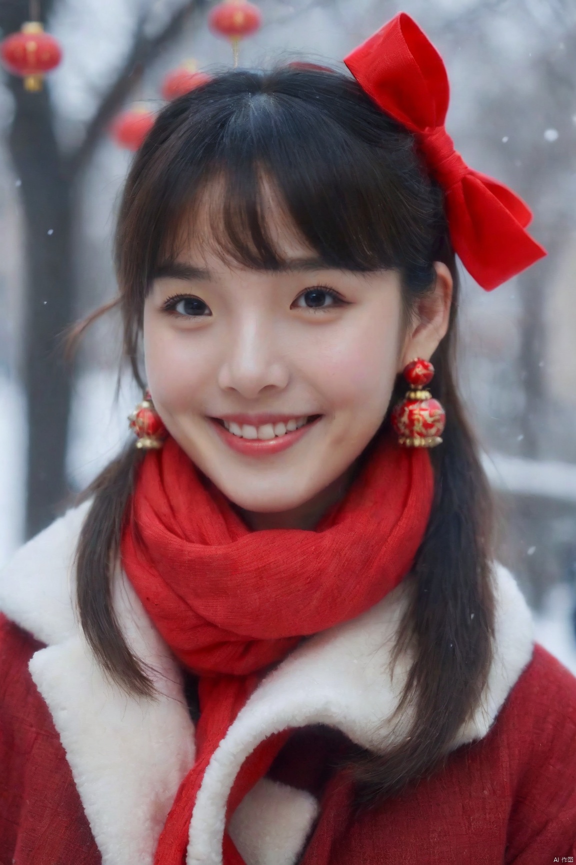 poakl Chinese newyear style,1girl, IncrsChkWarmingMeme, , winter clothes, red scarf, breath, KatarinaClaes, asymmetrical bangs, earrings, hair bow, smile, blush, , closed mouth,
