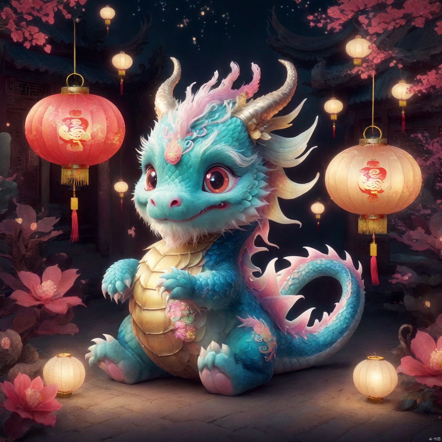  poakl Chinese newyear style, cute dragon, cute animal, lanterns, 