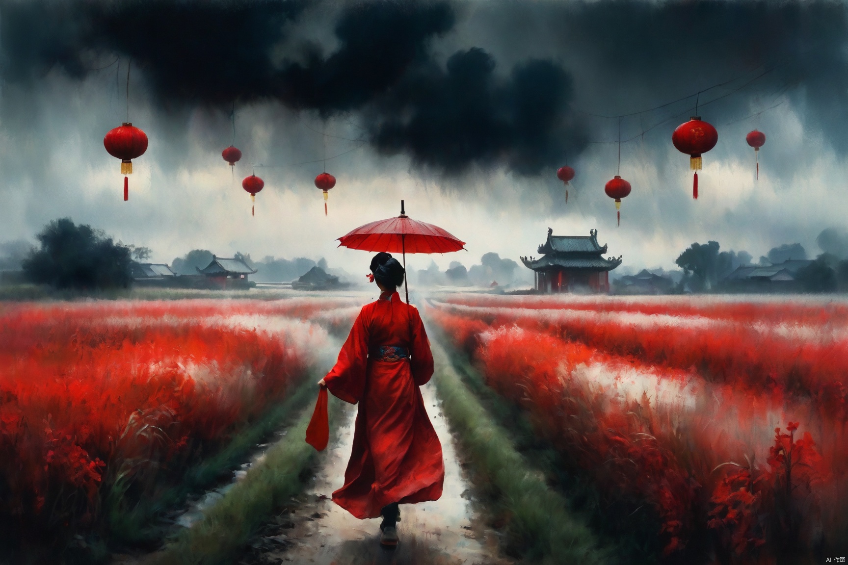  poakl Chinese newyear style, cshe walks through the fields with her eyes painted red, under a black belly of cloud in the rain, oil and watercolor painting, low-key lighting, deep shadows, high contrast, dark tones, dramatic and moody atmosphere
