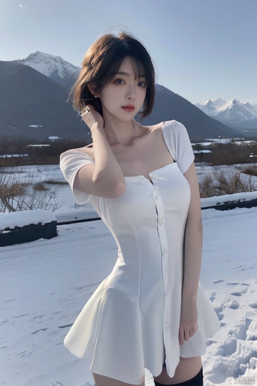 Outdoor landscape, the snow view, snow-capped mountains, girl, a beautiful face, short hair, blonde hair, (photo reality: 1.3), the edge lighting, (high detail skin: 1.2), 8 k Ultra HD, high quality, high resolution, best ratio of four fingers to thumb (photo reality :1.3), white shirt, big chest, solid color background, solid red background, advanced sense, texture,1 girl, Xiqing District,HSZT, Xiaxue, dongy, a girl with magical eyes, black 8d smooth stockings,1 girlShort skirt, covering buttocks, xuejiequnzi, white shirt, black skirt, corset, camisole skirt, short skirt,

