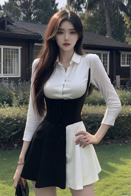 The photo depicts a confident young woman standing outdoors on a green carpet. White shirt, black skirt, corset, sundress, big boobs,Short skirt that covers the hips,She was wearing a white blouse, corset, black dress, slip skirt, etc. Her posture and facial expression convey a sense of determination. The lighting was soft and flattering, casting a warm glow on her skin. The color palette is dominated by green and brown, with dynamic contrast between the two. A woman's clothing, posture, and facial expressions work together to create a powerful and memorable image., liuyifei