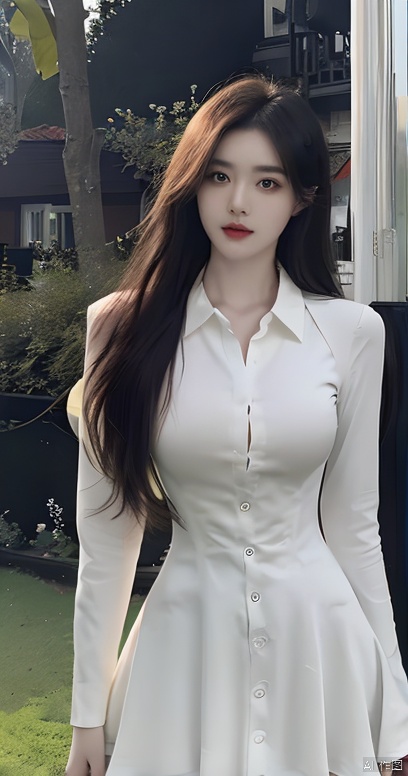 The photo depicts a confident young woman standing outdoors on a green carpet. White shirt, black skirt, corset, sundress, big boobs,Short skirt that covers the hips,She was wearing a white blouse, corset, black dress, slip skirt, etc. Her posture and facial expression convey a sense of determination. The lighting was soft and flattering, casting a warm glow on her skin. The color palette is dominated by green and brown, with dynamic contrast between the two. A woman's clothing, posture, and facial expressions work together to create a powerful and memorable image., liuyifei