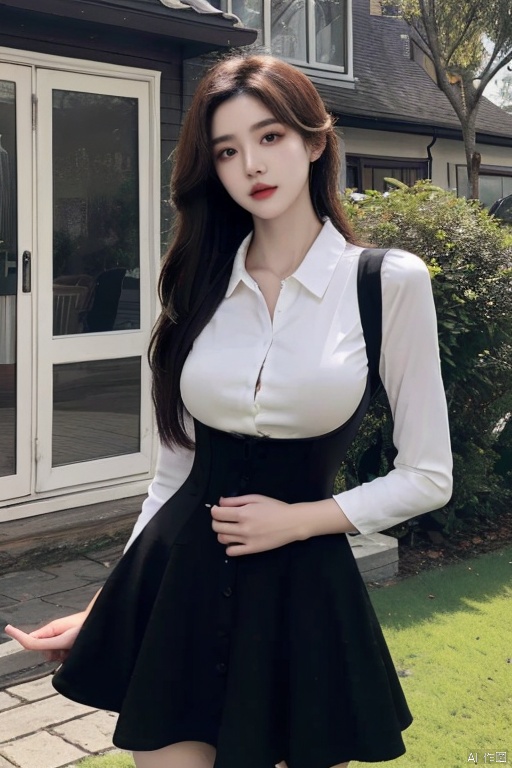 The photo depicts a confident young woman standing outdoors on a green carpet. White shirt, black skirt, corset, sundress, big boobs,Short skirt that covers the hips,She was wearing a white blouse, corset, black dress, slip skirt, etc. Her posture and facial expression convey a sense of determination. The lighting was soft and flattering, casting a warm glow on her skin. The color palette is dominated by green and brown, with dynamic contrast between the two. A woman's clothing, posture, and facial expressions work together to create a powerful and memorable image., liuyifei