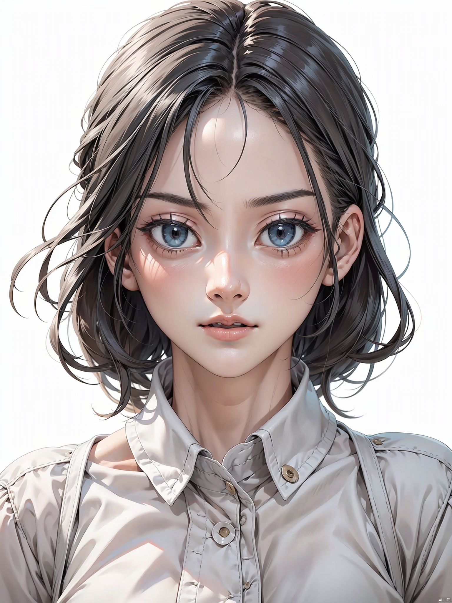  1girl,solo,realistic,bangs,closed mouth,simple_background,look at the viewer,portrait,