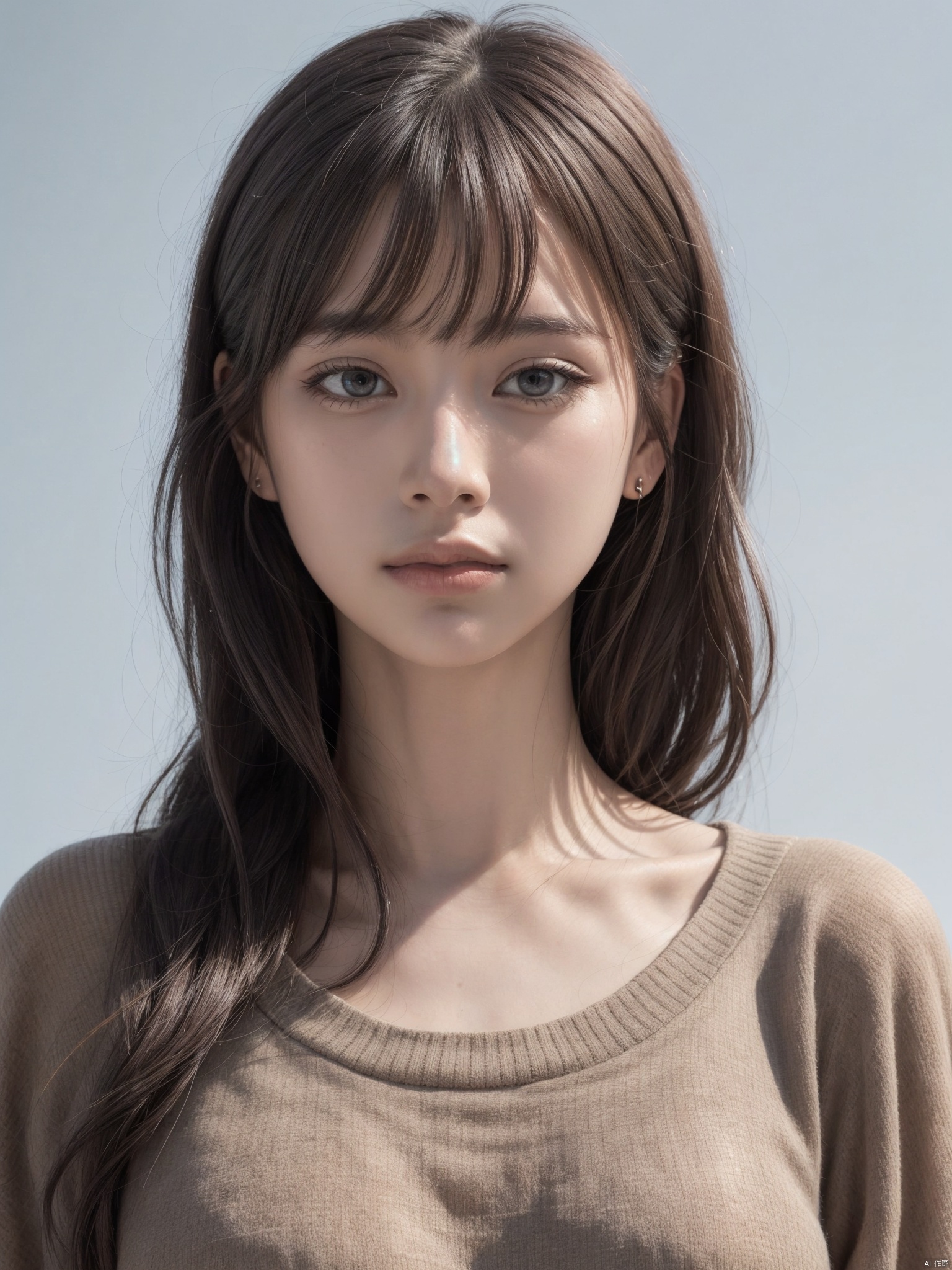  1girl,solo,realistic,bangs,closed mouth,simple_background,look at the viewer,portrait,