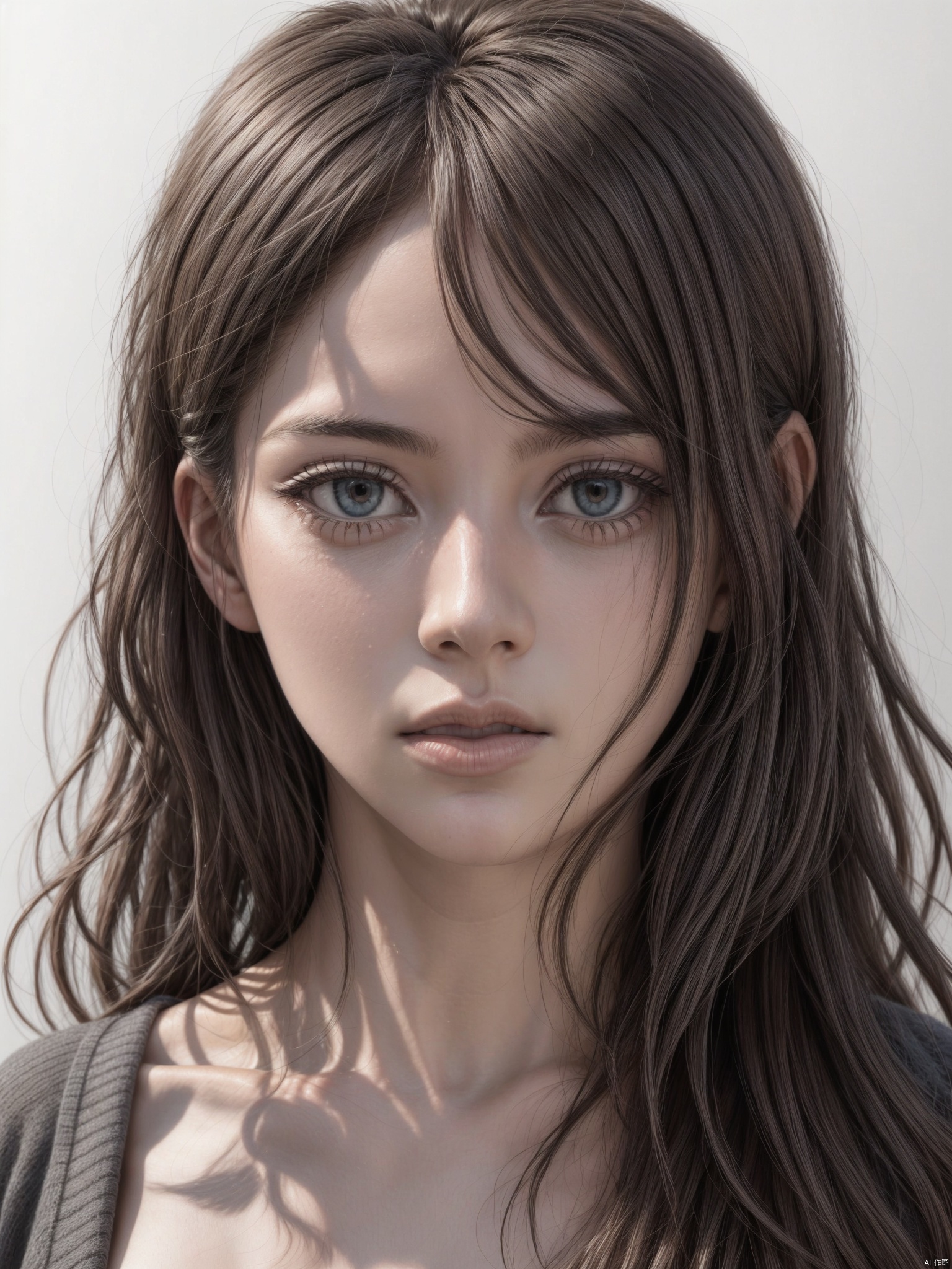  1girl,solo,realistic,bangs,closed mouth,simple_background,look at the viewer,portrait,