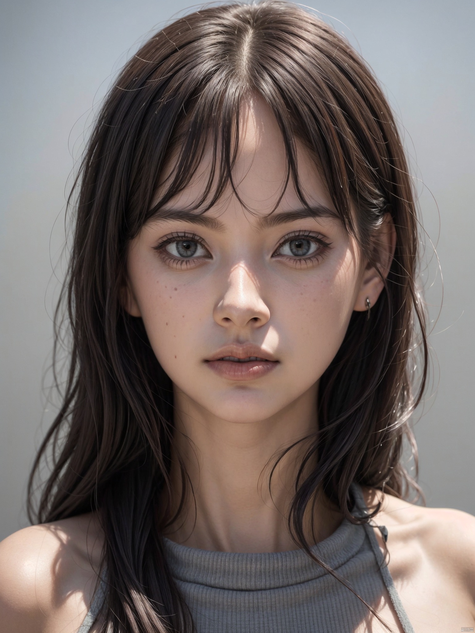  1girl,solo,realistic,bangs,closed mouth,simple_background,look at the viewer,portrait,
