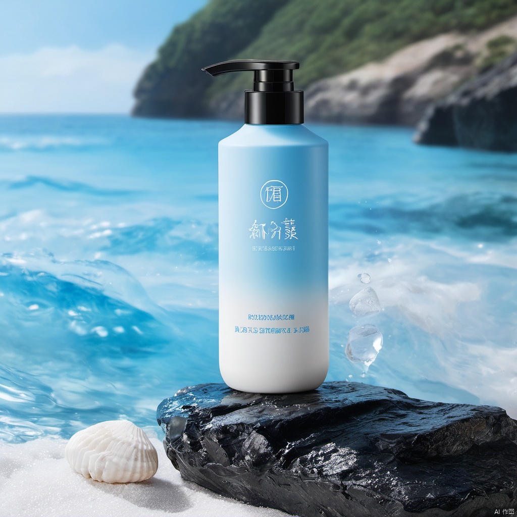 xihuwen,
RAW photo, light blue bottle, sea salt, sea, stone, daytime, front view, outdoor, High brightness, ambient light, 8k Ultra HD, SLR camera, strong light contrast, high quality,