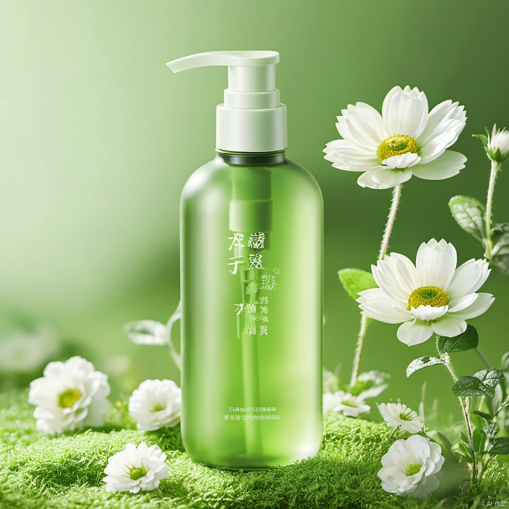 xihuwen,
Green clear bottle, grass, white flowers, depth of field, light green background, low saturation, best quality, 8k, , xihuwen