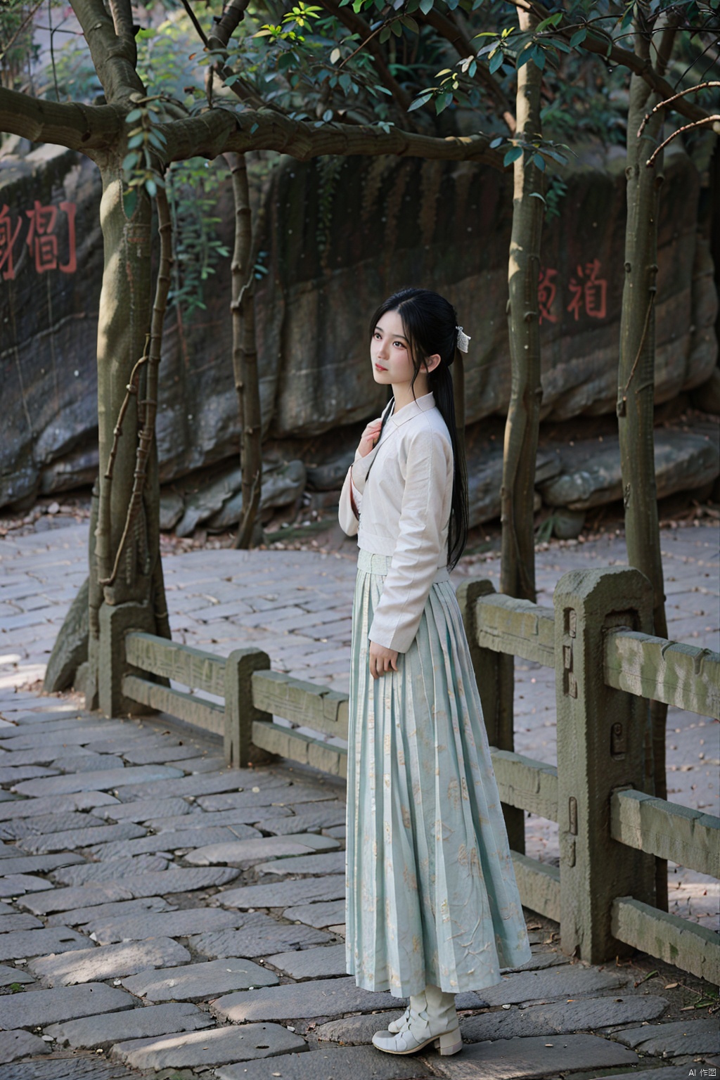 (1girl:1.3), (best quality, masterpiece, ultra high resolution),(photorealistic:1.3), (realistic:1.3), depth of field,(full body:1.2), (outdoors:1.2), (day:1.2), (cinematic lighting:1.2), (near to face:1.5), facing to camera,  hanfu, realism, 