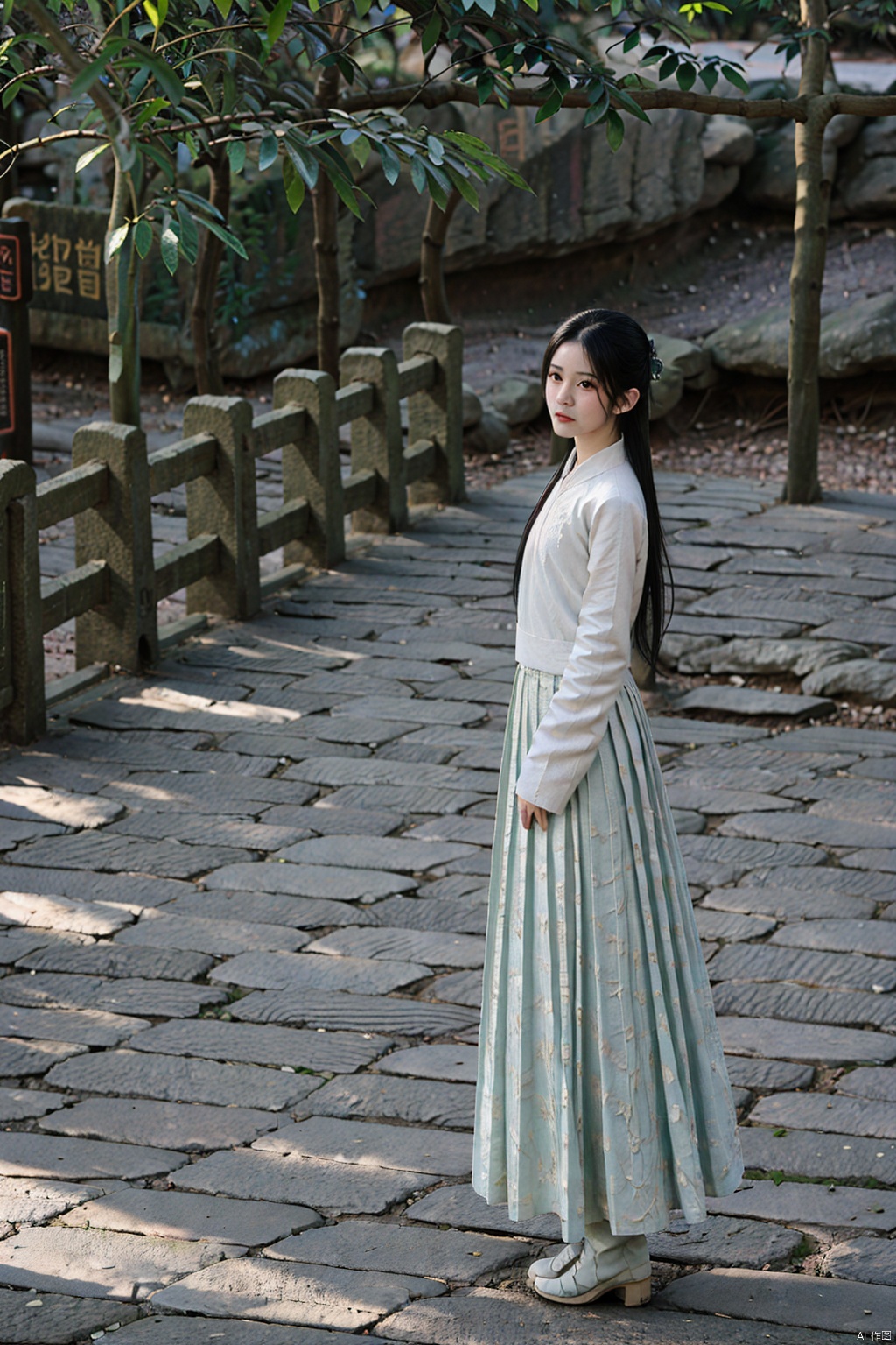 (1girl:1.3), (best quality, masterpiece, ultra high resolution),(photorealistic:1.3), (realistic:1.3), depth of field,(full body:1.2), (outdoors:1.2), (day:1.2), (cinematic lighting:1.2), (near to face:1.5), facing to camera,  hanfu, realism, 