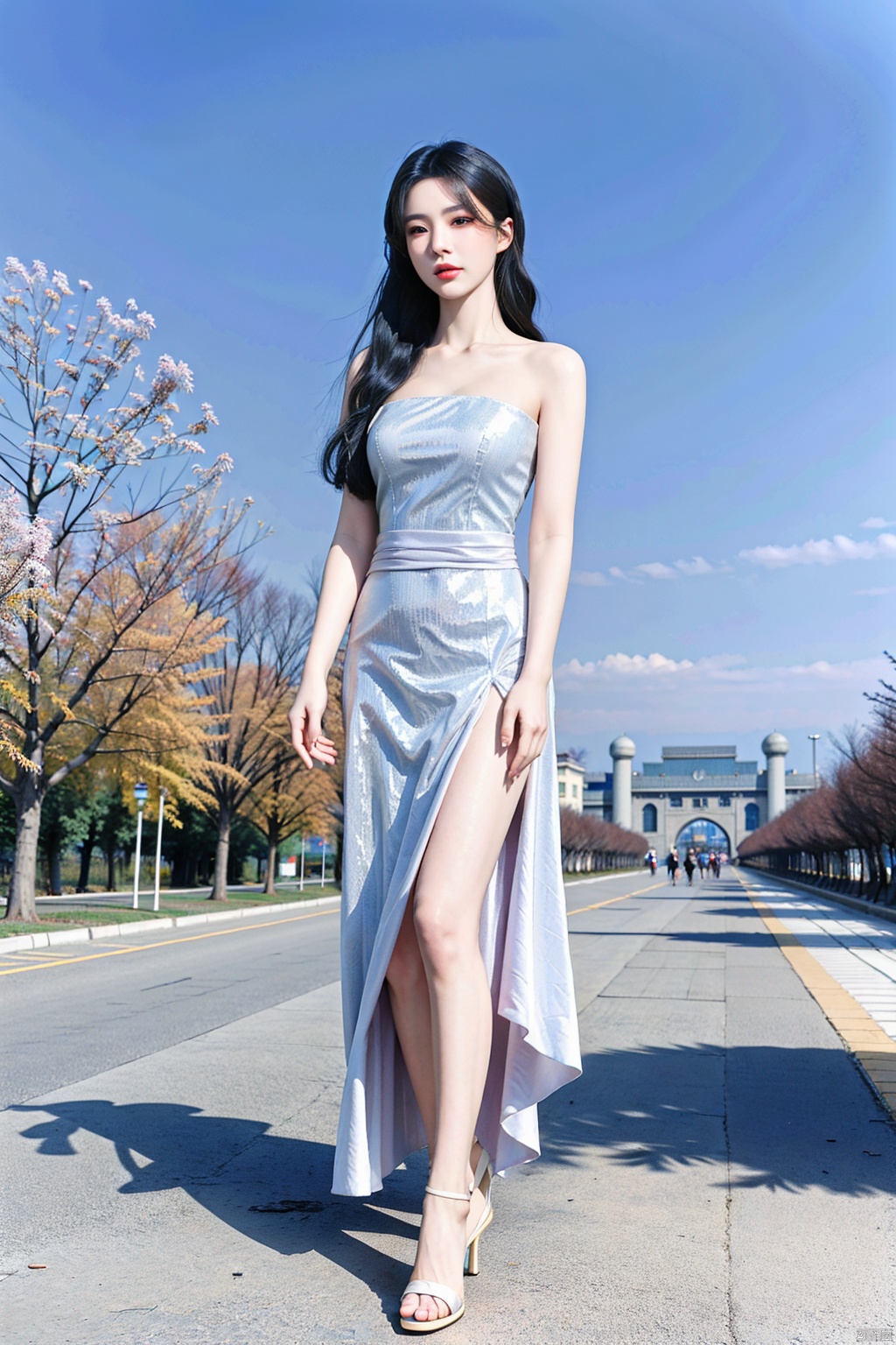(1girl:1.3), (best quality, masterpiece, ultra high resolution),(photorealistic:1.3), (realistic:1.3), depth of field,(full body:1.2), (outdoors:1.2), (day:1.2), (cinematic lighting:1.2), (near to face:1.5), facing to camera,  hanfu, realism, 