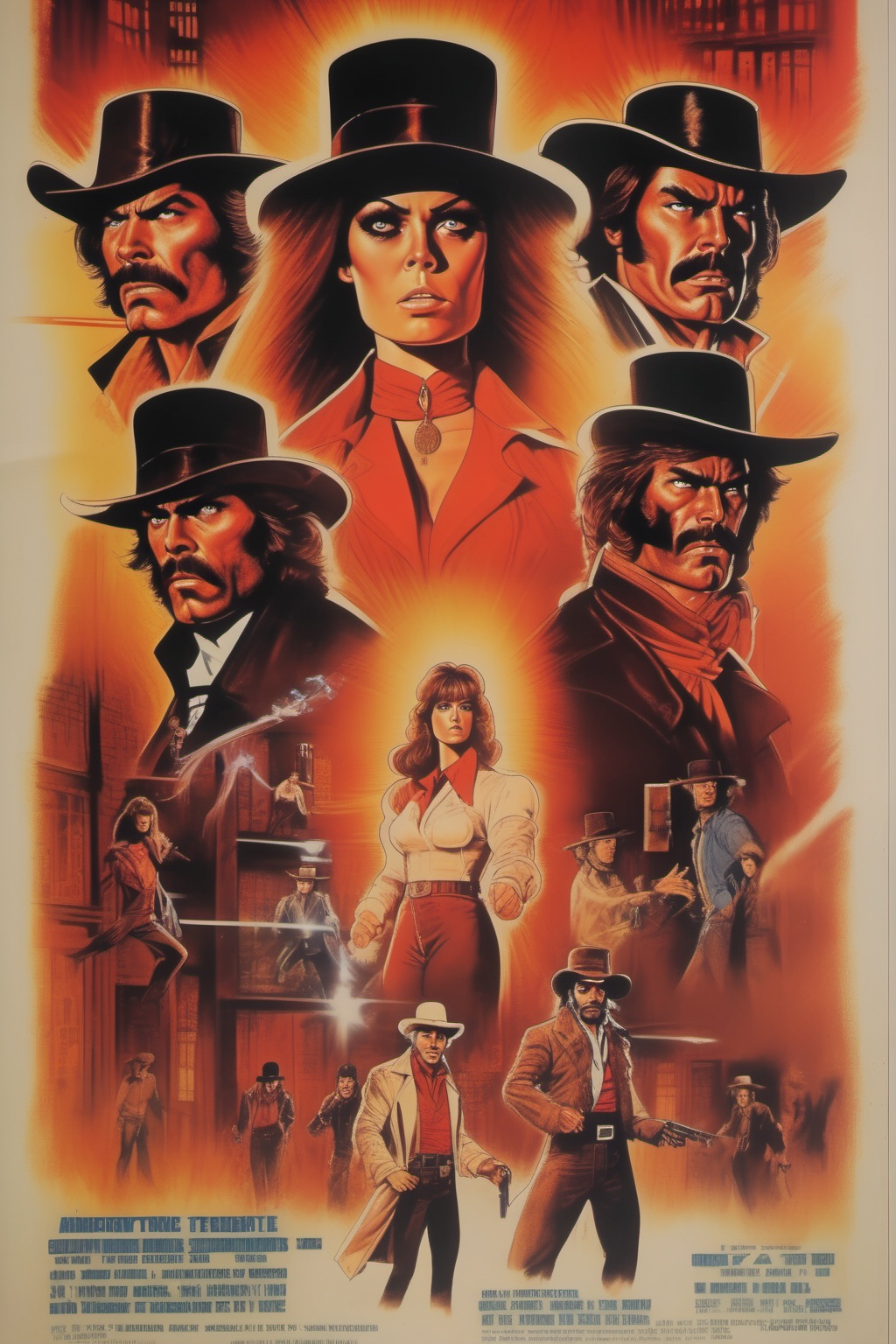 Movie Poster - movie poster for a 1970's action movie about a 1800's female doctor,  a priest and 3 cowboys fighting triad...