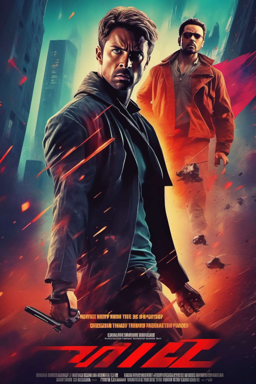 Movie Poster - a captivating movie poster featuring a thrilling action-packed scene. The poster should include a courageou...