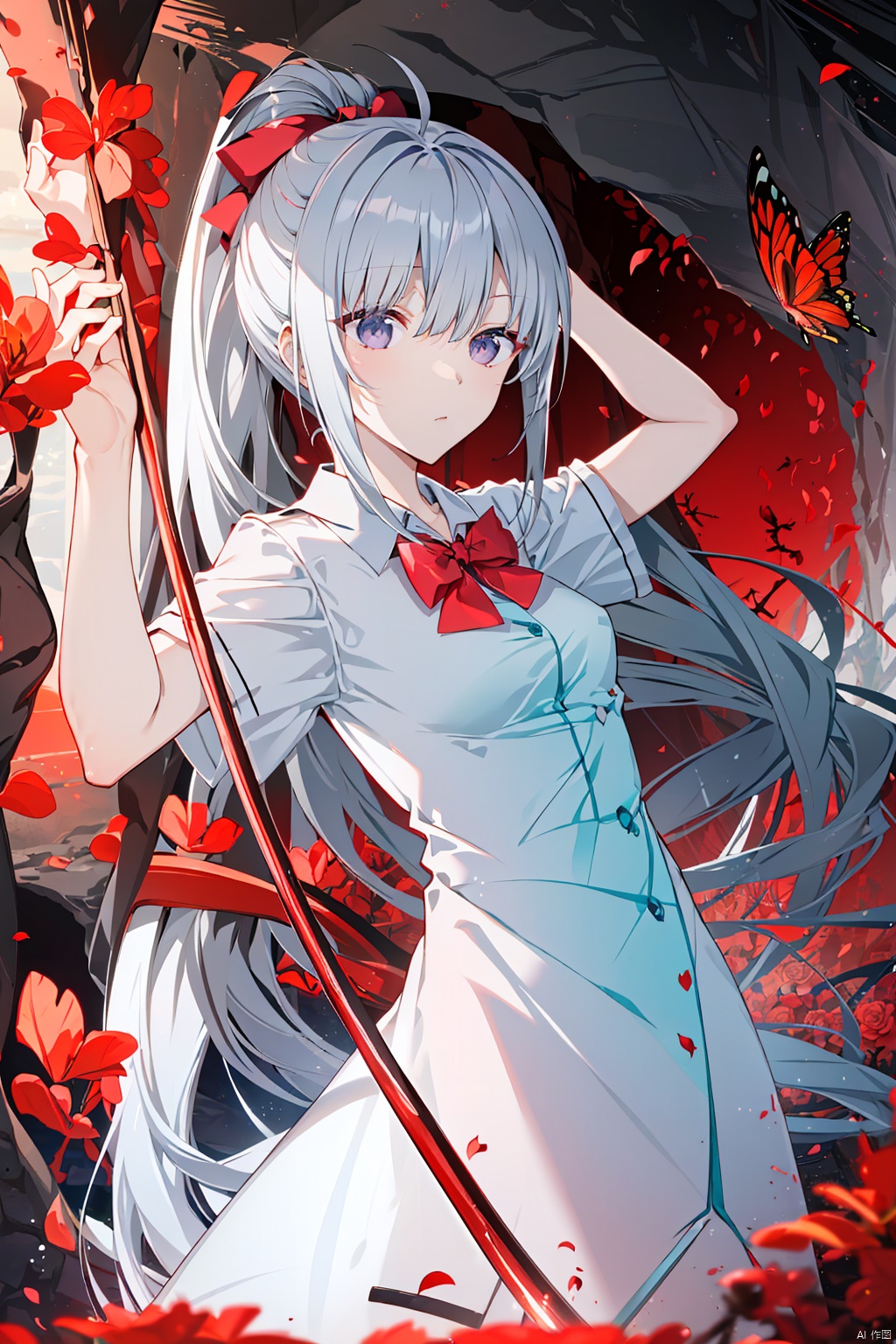 masterpiece, best quality, absurdres,  incredibly absurdres,  best quality,  wallpaper,  extremely detailed cg unity 8k wallpaper, (ginka),  silver hair,  ponytail,  butterfly hair bow,  ahoge,  , noble, elegance, light sliver white long hair, Rose red dress, nsfw, ((((red Theme)))), ((((Many red violets)))), Glowing red, mystery, Quiet, (((((A sea of red flowers))))), ((((In a big darkness cave)))), Amethyst, ((lake)), gorgenous light, light rays,  a breathtaking view, (((((darkness))))), star, In a huge,  dark cave, dream, ((underground)),  , water, red mushroom, starlight, star, (little red flowers), ((((many red cane vine)))), (((many little red butterfly))), red grass, (((many red petal))),  , backlight,