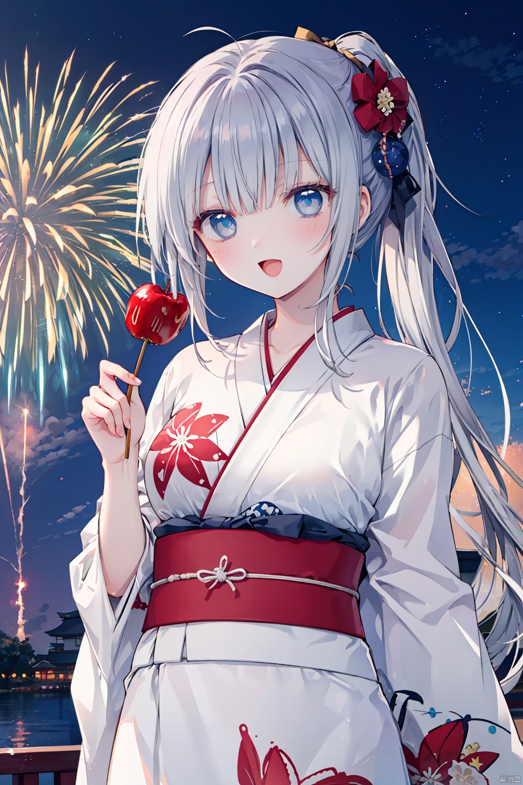  (masterpiece), best quality, 1girl, ginka, blue eyes, long hair, (highly detailed beautiful eyes), :d, (Candy Apple), japanese yukata, night sky, fireworks, summer Festival