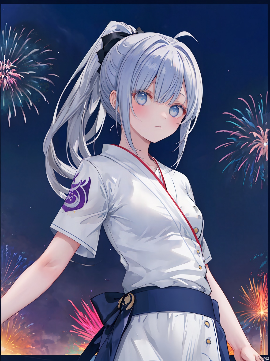  masterpiece, best quality, upper body, 1girl, obi, inverted colors, ﻿art nouveau, outside border, high ponytail, small breasts, :3, cowboy shot, firework