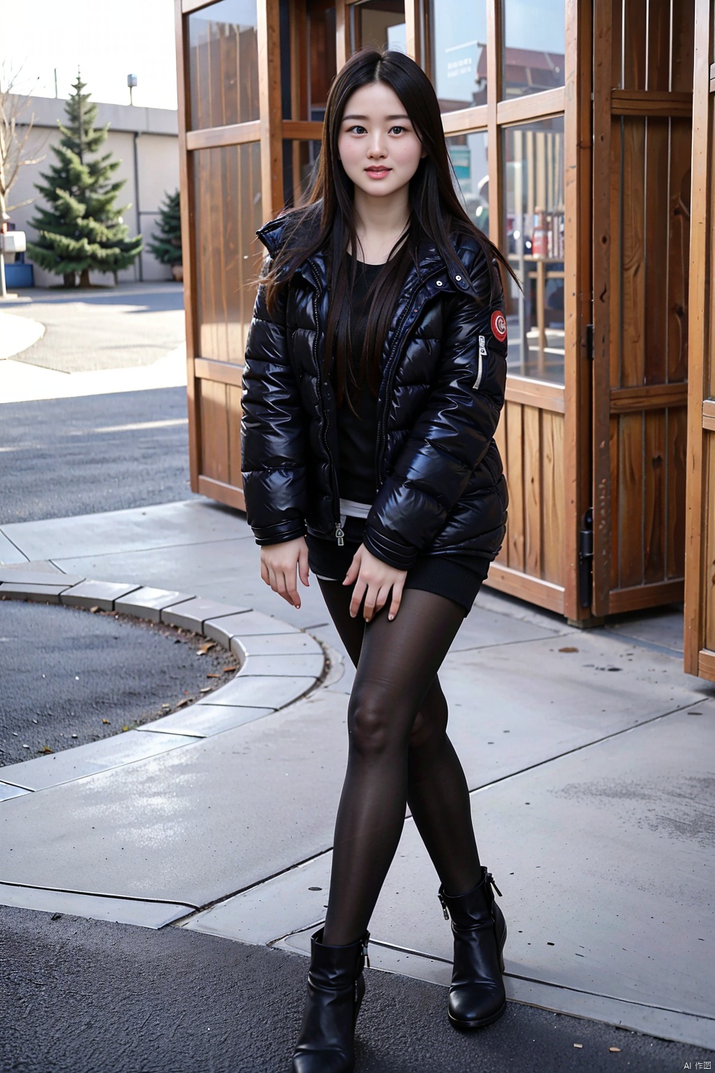 (1girl:1.3), (best quality, masterpiece, ultra high resolution),(photorealistic:1.3), (realistic:1.3), depth of field,(full body:1.2), (outdoors:1.2), (day:1.2), (cinematic lighting:1.2), (near to face:1.5), facing to camera, realism, black puffer jacket, black pantyhose, snow