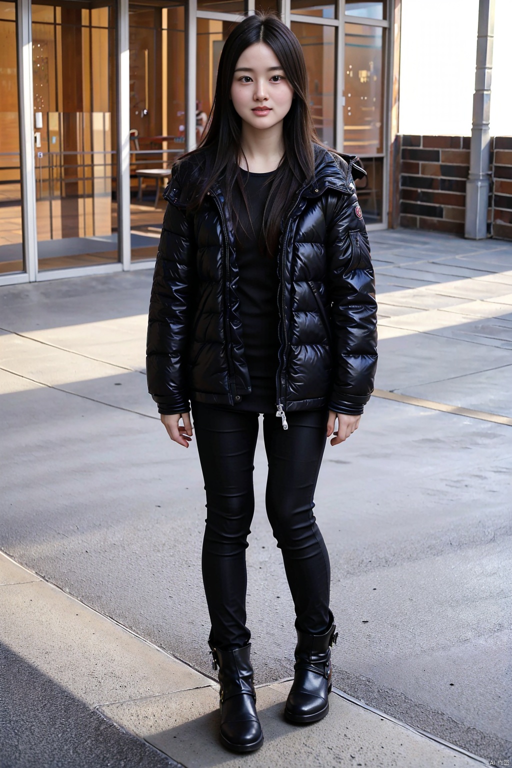 (1girl:1.3), (best quality, masterpiece, ultra high resolution),(photorealistic:1.3), (realistic:1.3), depth of field,(full body:1.2), (outdoors:1.2), (day:1.2), (cinematic lighting:1.2), (near to face:1.5), facing to camera, realism, black puffer jacket, black pantyhose