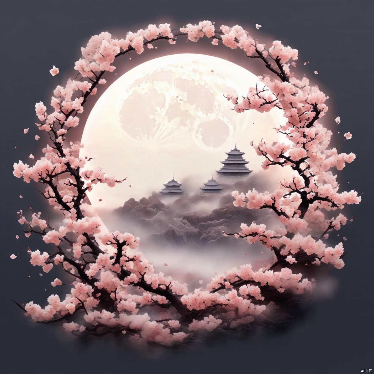 Moon, petals, peach blossoms, architecture