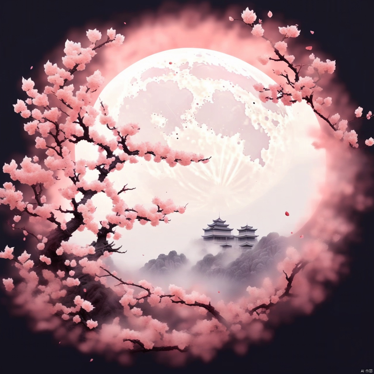 Moon, petals, peach blossoms, architecture