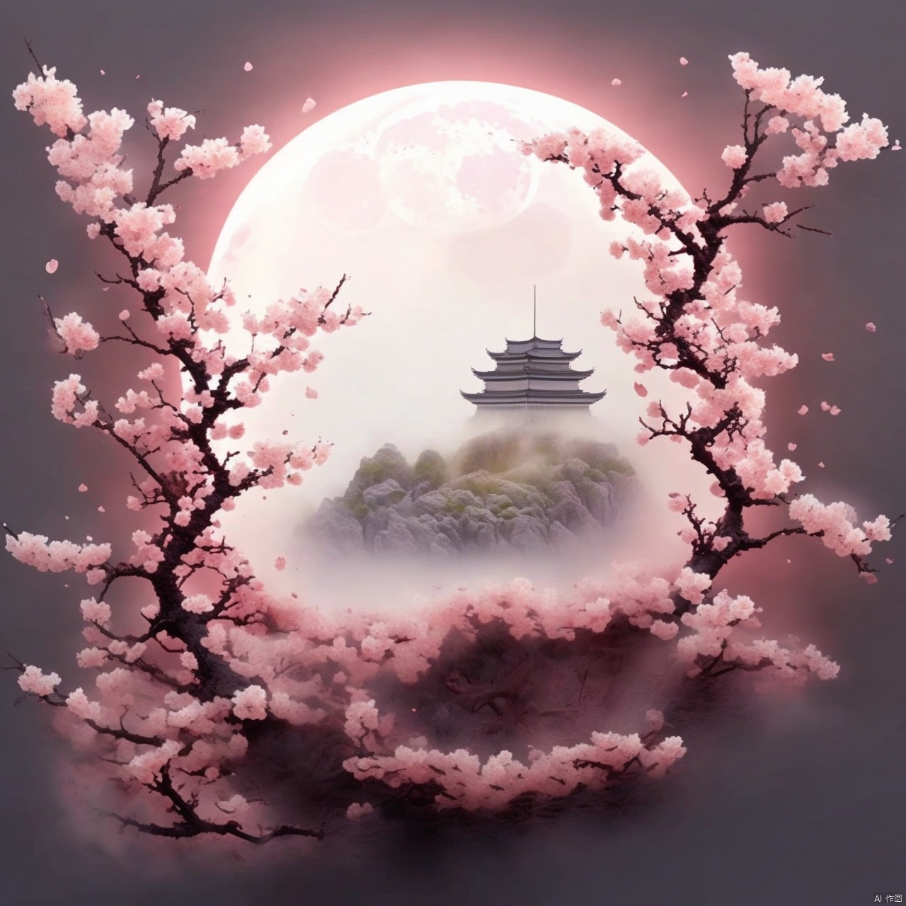 Moon, petals, peach blossoms, architecture