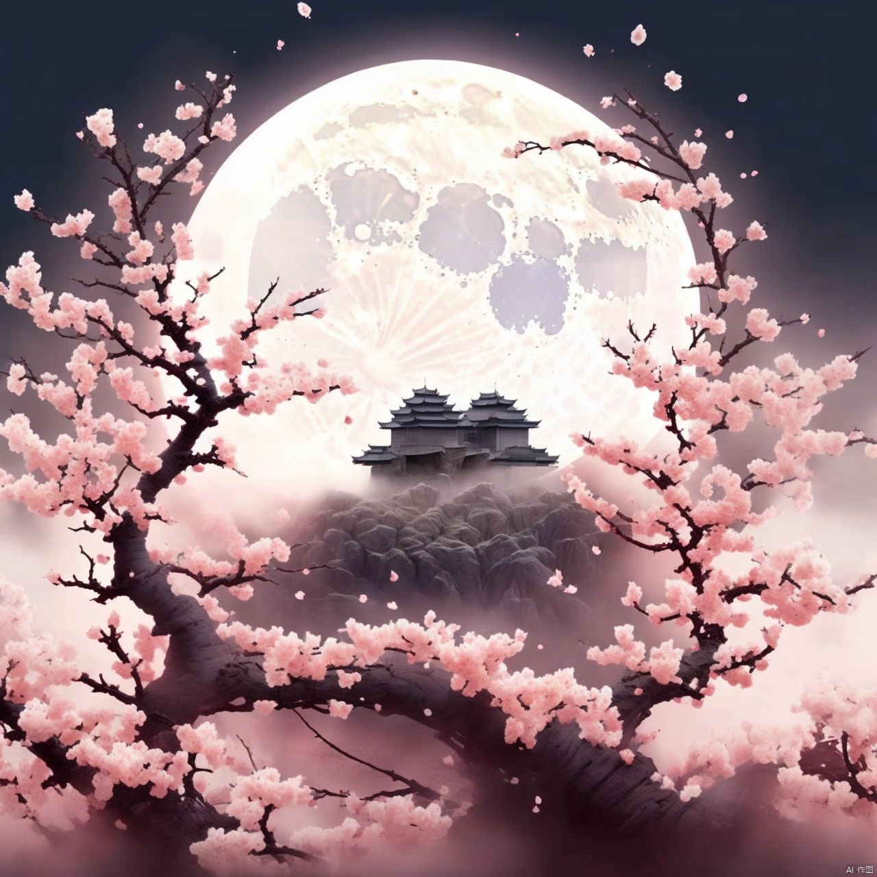Moon, petals, peach blossoms, architecture