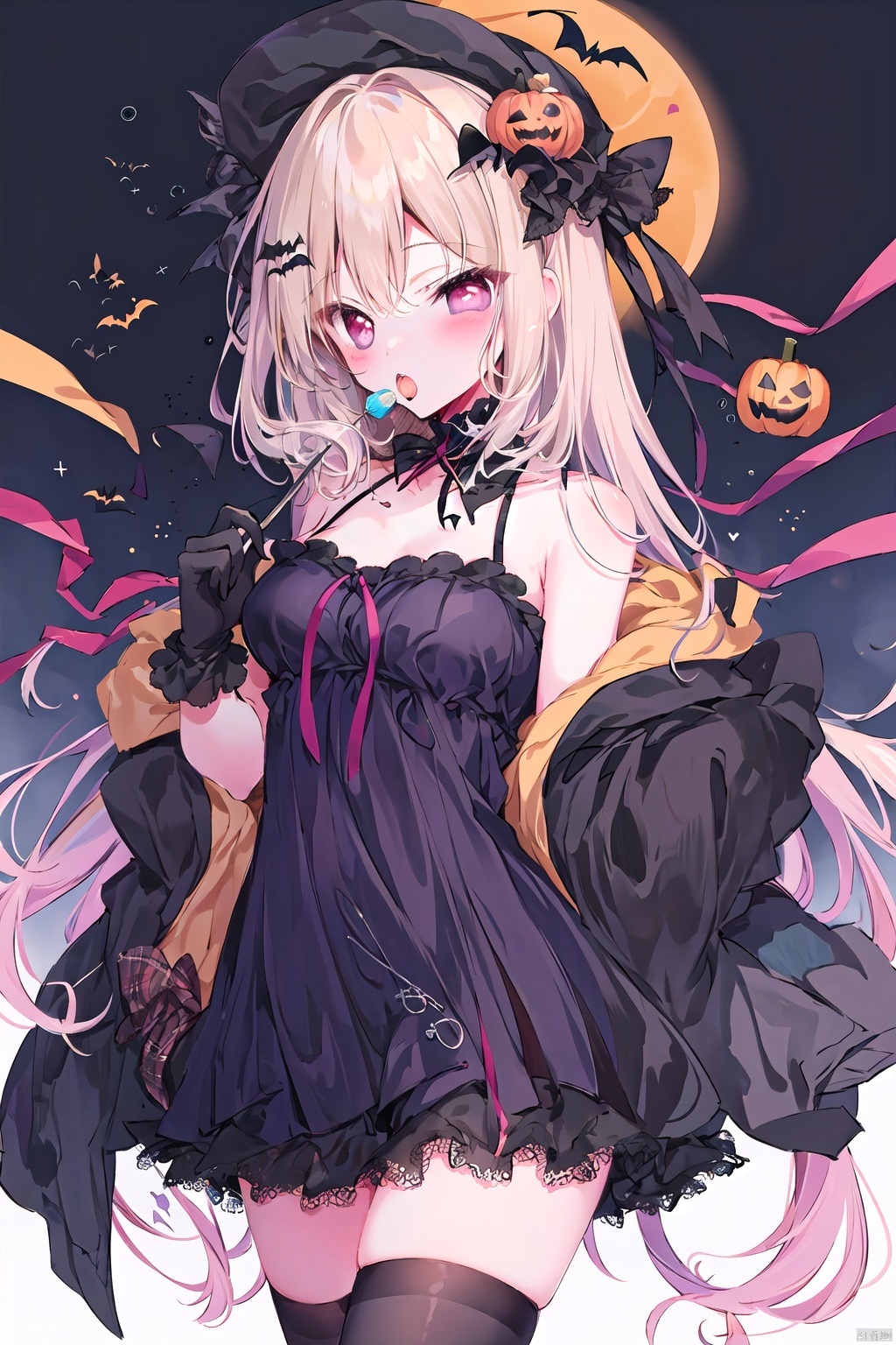 1girl, bangs, bare shoulders, black dress, black gloves, black legwear, blush, cowboy shot, dress, eyebrows visible through hair, gloves, hair ornament, hair ribbon, halloween, holding, jack-o'-lantern, jacket, lollipop, long hair, looking at viewer, medium breasts, off shoulder, red eyes, ribbon, shirt, sleeveless, sleeveless dress, solo, thighhighs, thighs, very long hair