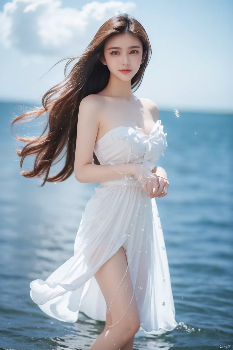  DSLR,full body, depth of field, (1girl:1.2), , very long hair, low twintails, yellow eyes, light smile, looking at viewer, white shirt, white skirt, (flying white chiffon:1.5), bare shoulder, (flying blue petals:1.2), (standing above water surface), sky background, (cloud:1.2), white bird, floating water drops, (white border:1.2) , 
backlight, ,, taoist robe, ll-hd,(((large breasts)), depth of field,guanzhilin