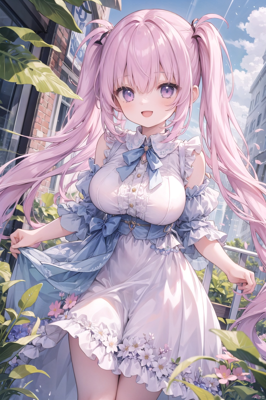  (1girl),thin,beautiful head,pink hair,twintails, rurumu,masterpiece,best quality,Beautiful,loil,standing,age down,smile,Alice,flower_hair_ornament,medium_breast,two side up