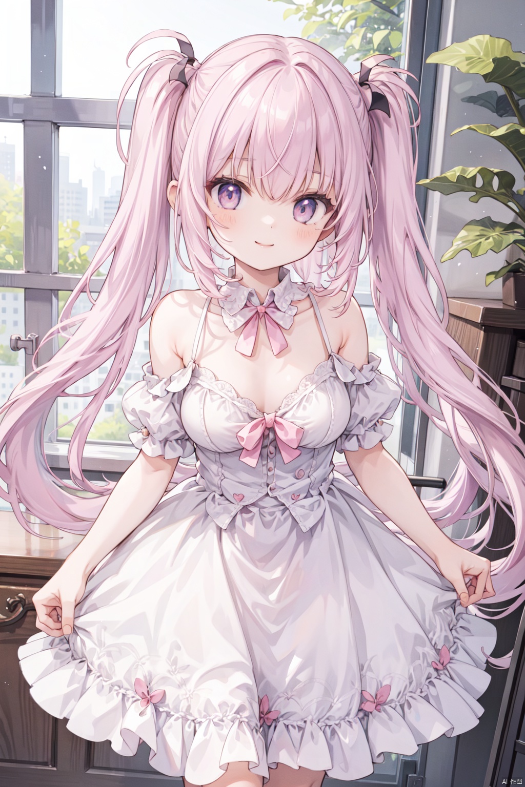  (1girl),thin,beautiful head,pink hair,twintails, rurumu,masterpiece,best quality,Beautiful,loil,standing,age down,smile,Alice,medium_breast,two side up