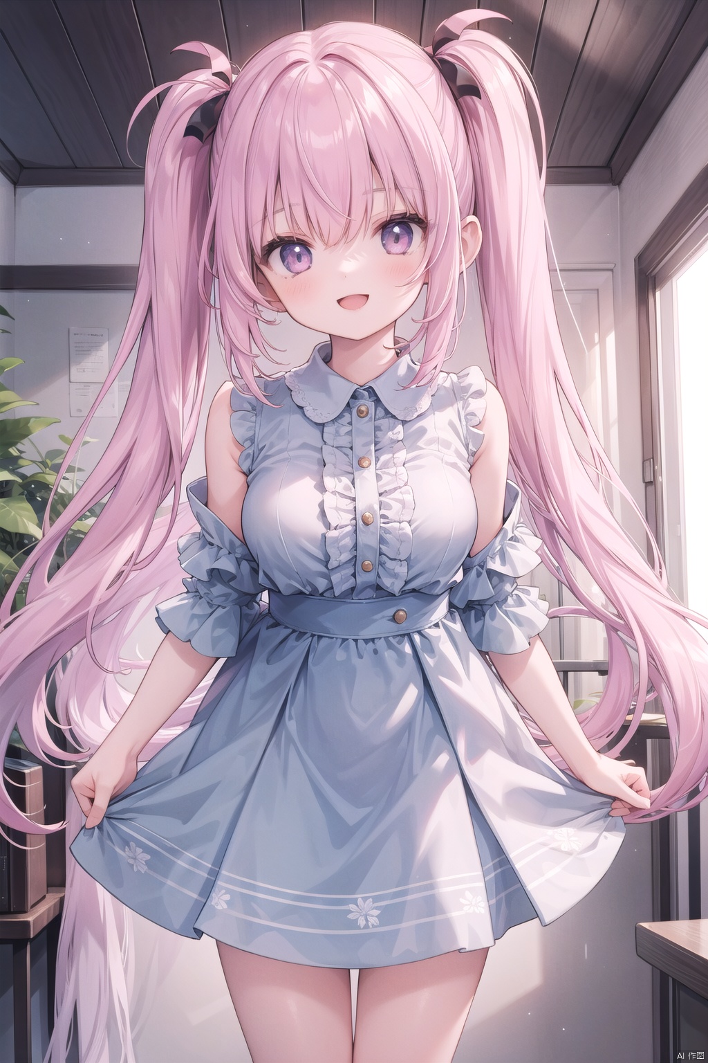  (1girl),thin,beautiful head,pink hair,twintails, rurumu,masterpiece,best quality,Beautiful,loil,standing,age down,smile,Alice,flower_hair_ornament,medium_breast,two side up