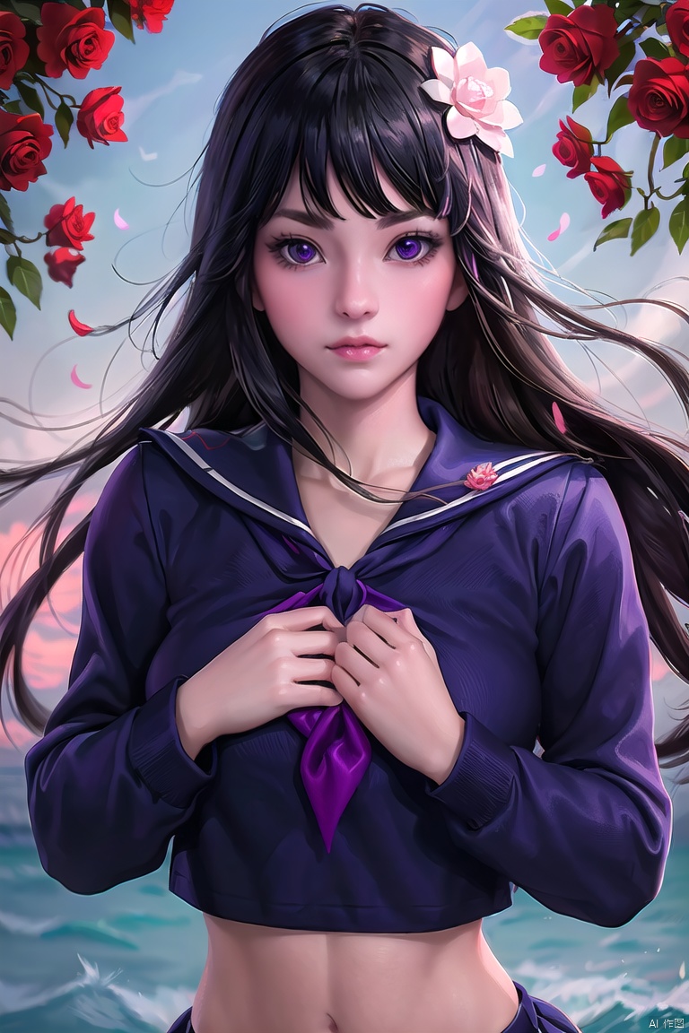 1girl, solo, hair ornament, hair flower, long hair, flower, school uniform, upper body, serafuku, Hands behind your back,looking at viewer, long sleeves, purple eyes, rose, neckerchief, wavy hair, hand on own chest,Sakimichan,Artist - Sakimichan