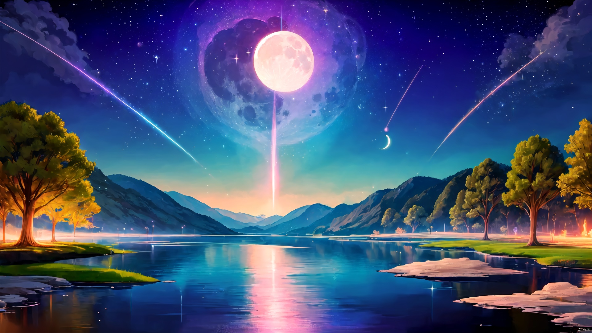  masterpiece, masterpiece, ultra-detail, meteor shower, comet, moon, starry sky, lake reflection, dreamlike scene, colorful trees, anime CG, exquisite image