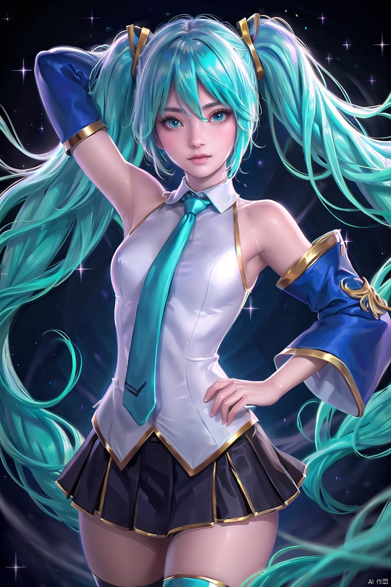  chuyinweilai, solo, 1girl, long hair, , twintails, necktie, skirt, detached sleeves, thighhighs, very long hair, aqua hair,looking_at_viewer,Hands behind your back,Artist - Sakimichan