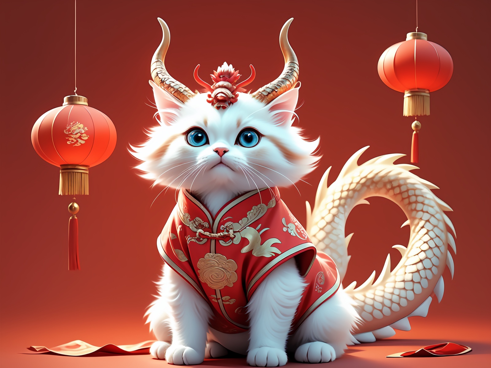 no humans,lantern,chinese new year,animal focus,dragon,eastern dragon,full body,chinese clothes,horns,blue eyes,cat,red background,a festive atmosphere,<lora:龙年小猫写真:0.3>,