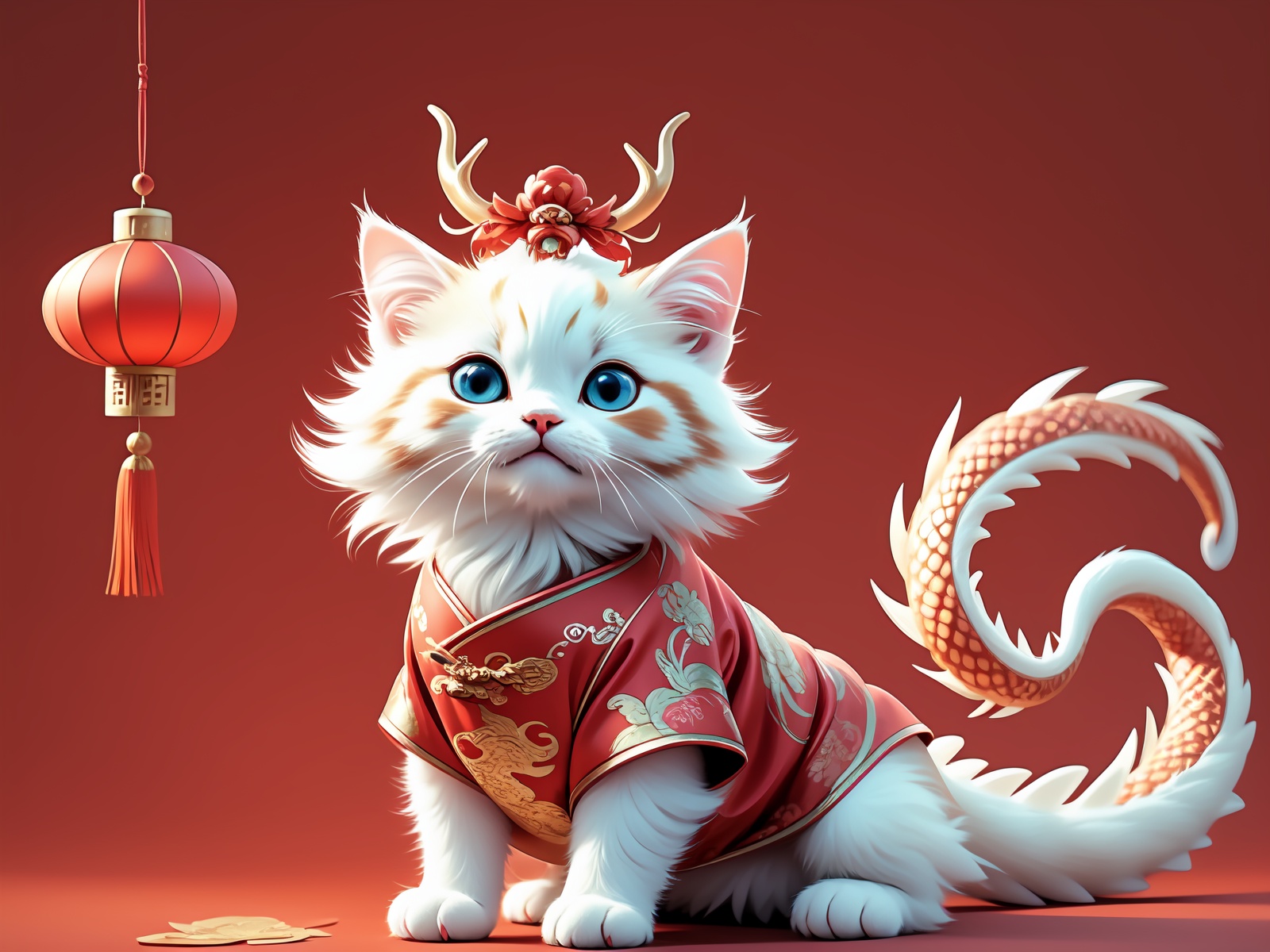 no humans,lantern,chinese new year,animal focus,dragon,eastern dragon,full body,chinese clothes,horns,blue eyes,cat,red background,a festive atmosphere,<lora:龙年小猫写真:0.3>,