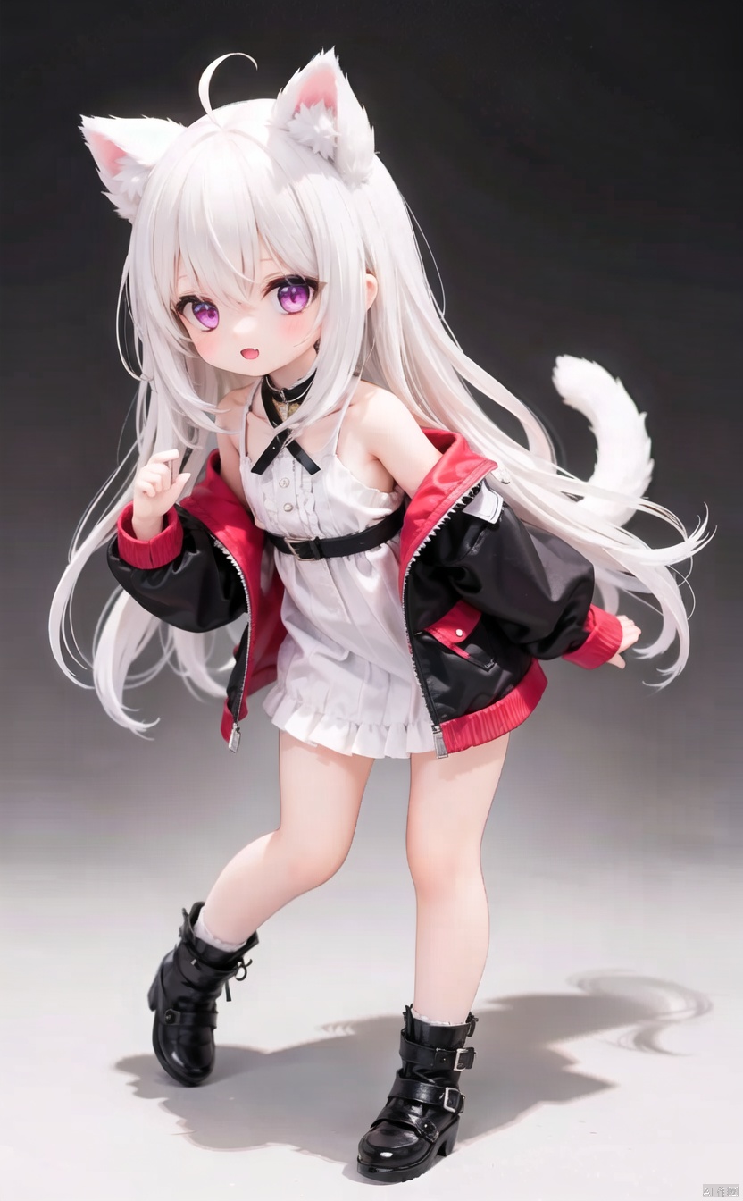 (cowboy shot,very long hair:1),4349,1girl, animal_ears, solo, black_footwear, long_hair, tail, off_shoulder, jacket, socks, white_background, animal_ear_fluff, black_jacket, sleeves_past_wrists, full_body, long_sleeves, very_long_hair, boots, looking_at_viewer, open_jacket, bangs, open_clothes, standing, ahoge, sleeveless, hand_up, open_mouth, simple_background, hair_between_eyes, bare_shoulders, puffy_sleeves, fang, red_eyes, dress, black_socks, white_shirt, purple_eyes, blonde_hair, puffy_long_sleeves, leaning_forward, shirt