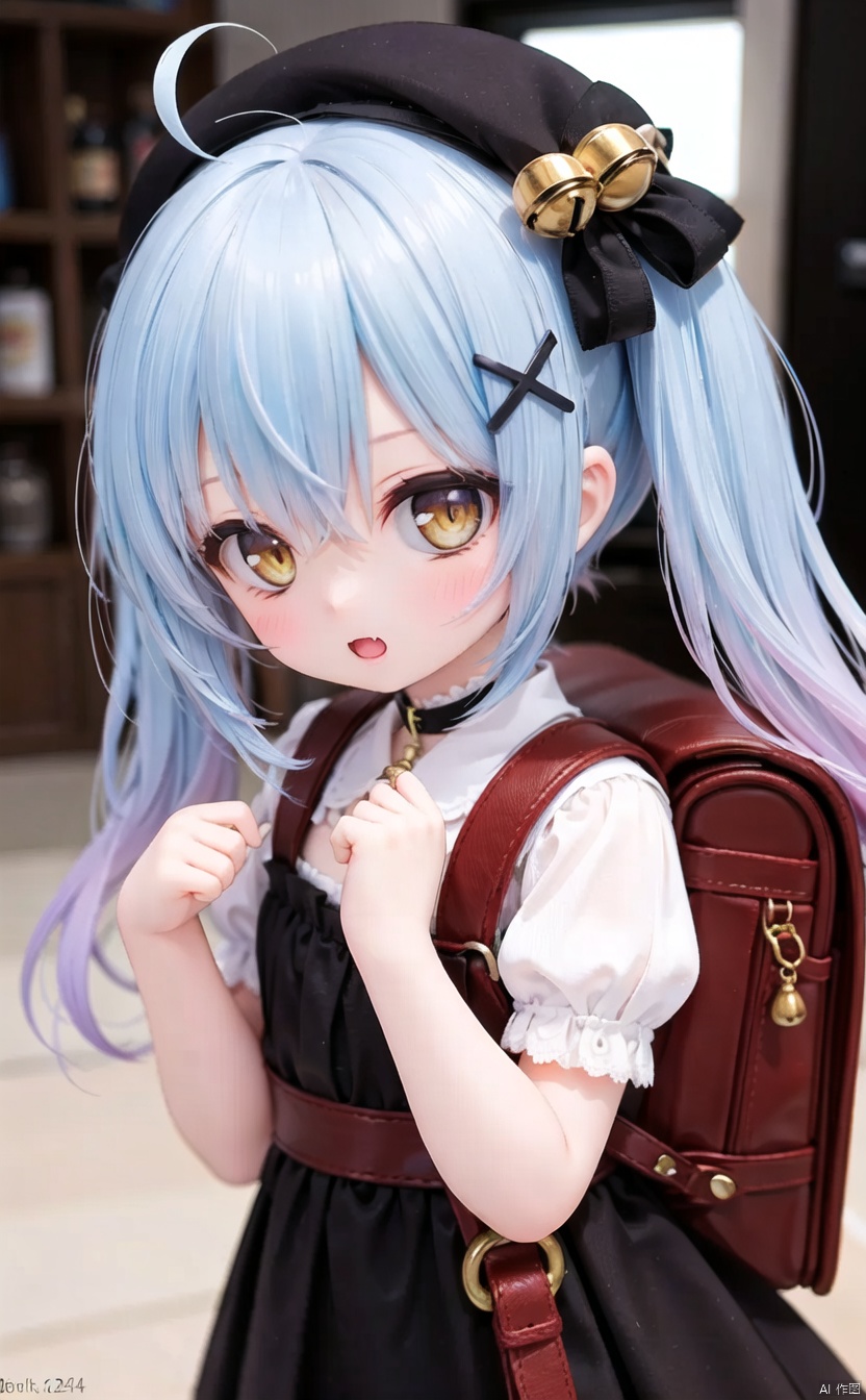 (cowboy shot,very long hair:1),4349, 1girl, solo, bell, virtual_youtuber, blue_hair, hair_bell, x_hair_ornament, bag, hair_ornament, dress, hat, twintails, black_headwear, white_dress, backpack, long_hair, looking_at_viewer, jingle_bell, ahoge, short_sleeves, beret, bangs, gradient_hair, multicolored_hair, holding_strap, fang, hair_between_eyes, yellow_eyes, open_mouth, hands_up, blush