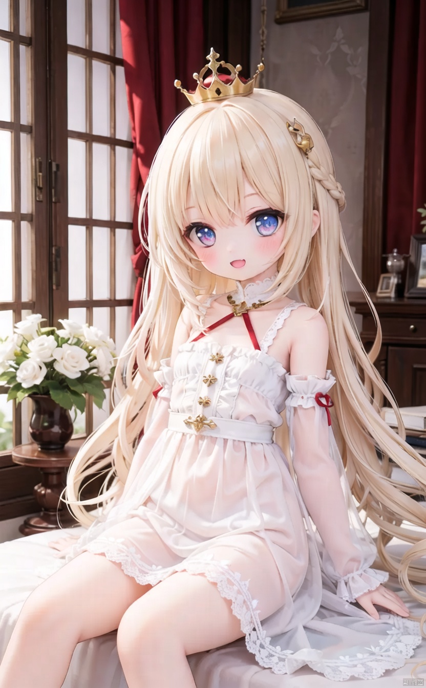 (cowboy shot,very long hair:1),4349,1girl,vase,blonde_hair,dress,crown,window,flower,long_hair,blue_eyes,white_dress,indoors,smile,very_long_hair,curtains,bangs,long_sleeves,braid,open_mouth,detached_sleeves,:d,mini_crown,blush,frills,day,tail,sitting,bare_shoulders,looking_at_viewer,red_eyes,frilled_dress,