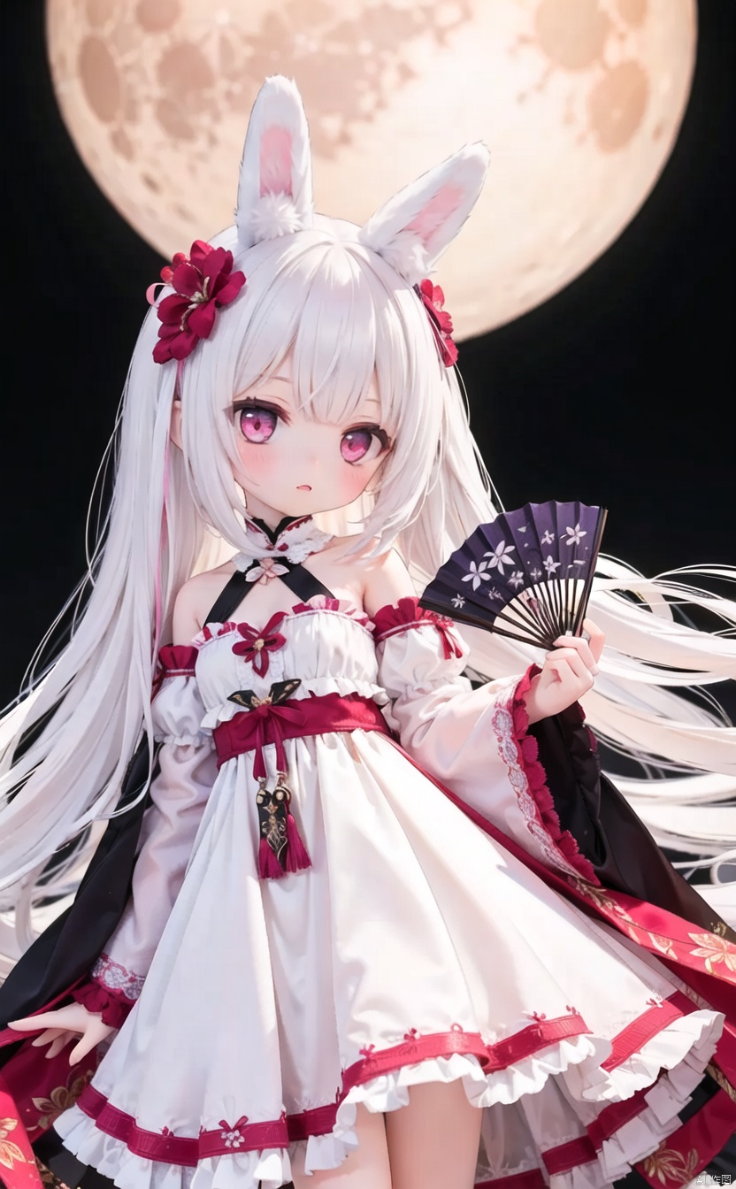 (cowboy shot,very long hair:1),4349,1girl, solo, animal_ears, hand_fan, rabbit_ears, long_hair, holding, flower, dress, moon, detached_sleeves, white_hair, hair_flower, holding_fan, looking_at_viewer, full_moon, white_dress, hair_ornament, multicolored_hair, bare_shoulders, very_long_hair, wide_sleeves, bangs, long_sleeves, folding_fan, pink_hair, blush, pink_eyes
