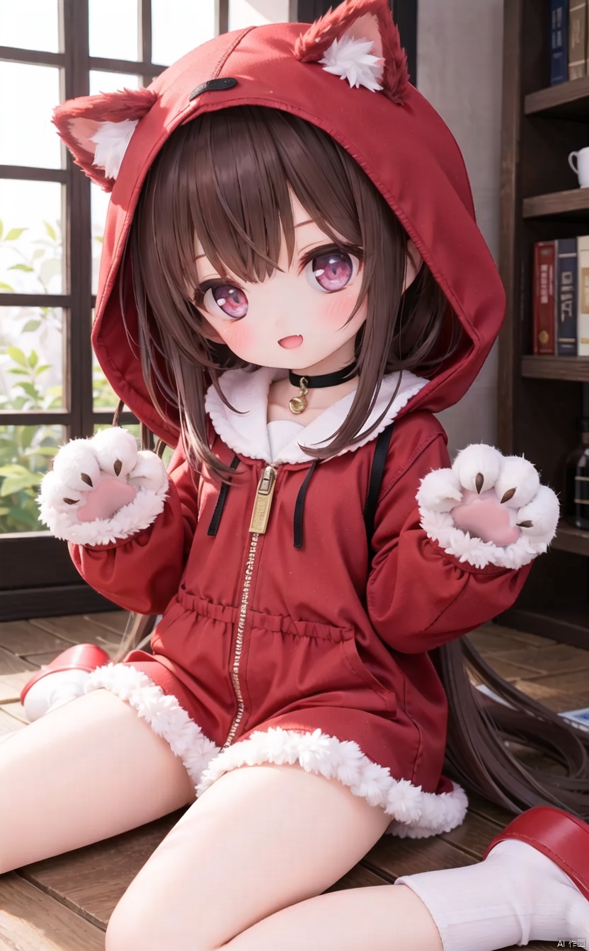 (cowboy shot,very long hair:1),4349,1girl,solo,long_hair,smile,sitting,looking_at_viewer,open_mouth,wariza,bangs,window,:d,blush,animal_hands,gloves,hands_up,socks,very_long_hair,hood,paw_gloves,animal_hood,brown_hair,long_sleeves,indoors,white_socks,hood_up,