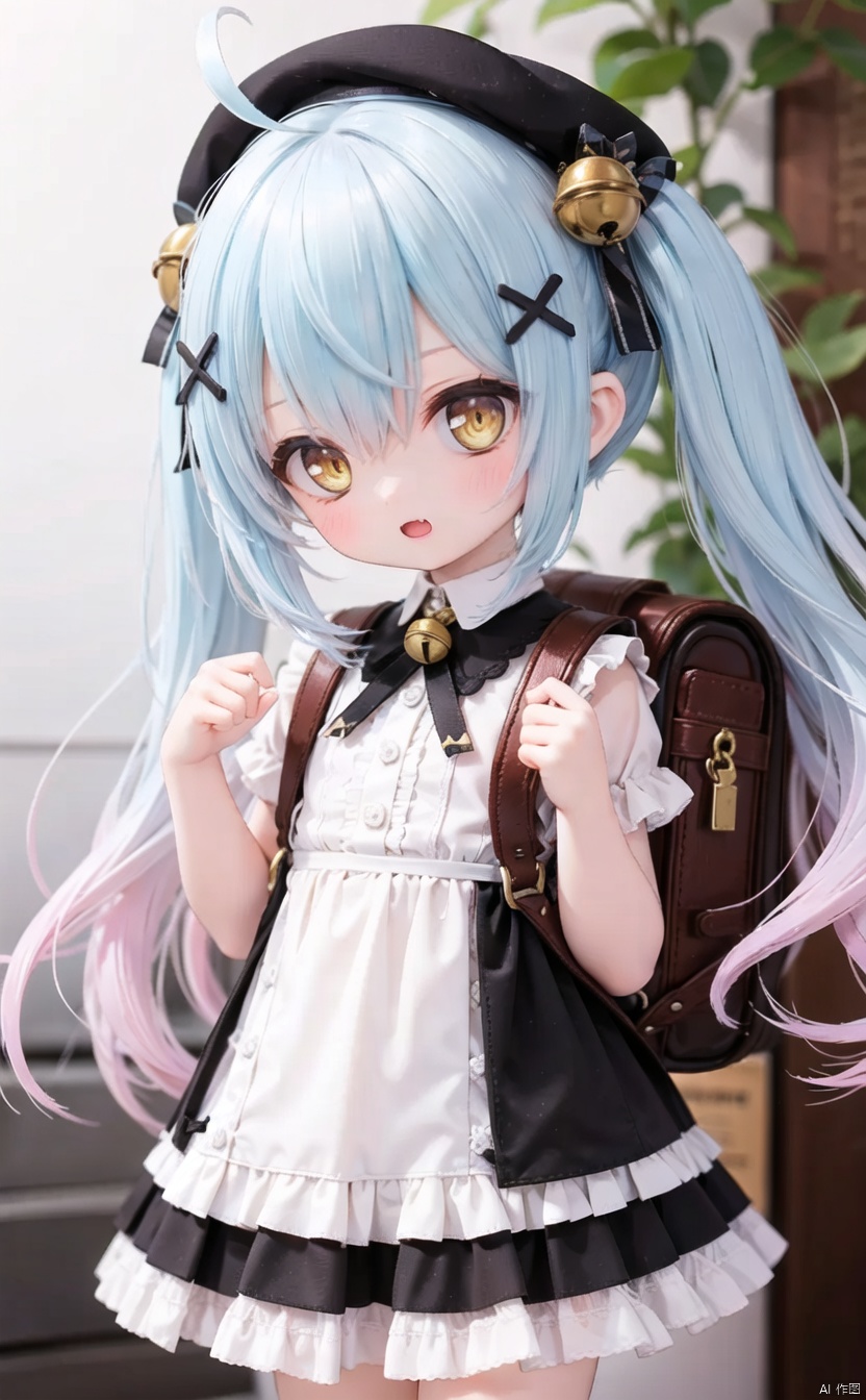 (cowboy shot,very long hair:1),4349, 1girl, solo, bell, virtual_youtuber, blue_hair, hair_bell, x_hair_ornament, bag, hair_ornament, dress, hat, twintails, black_headwear, white_dress, backpack, long_hair, looking_at_viewer, jingle_bell, ahoge, short_sleeves, beret, bangs, gradient_hair, multicolored_hair, holding_strap, fang, hair_between_eyes, yellow_eyes, open_mouth, hands_up, blush